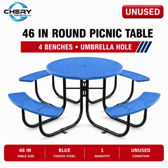 Unused Round outdoor picnic table with umbrella hole Blue
