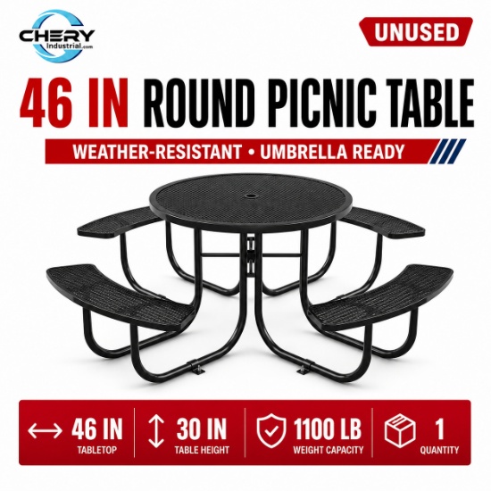 Unused Expanded metal round picnic table with umbrella hole Black Box 2