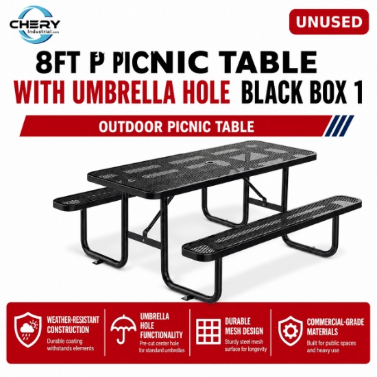 Unused 8ft picnic table with umbrella hole Black box