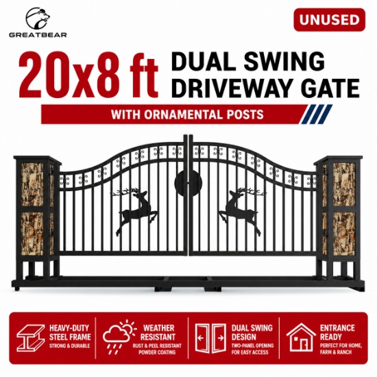 Unused Iron gate 20' double arc with Deer in the middle
