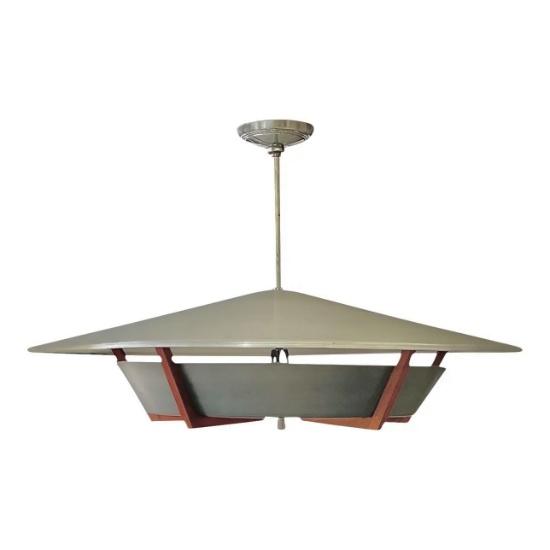 Large Mid-Century Modern Pendant Light in Walnut; Spun Aluminum; and Blackened Aluminum