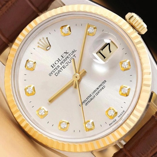 ROLEX MENS DATEJUST 16013 18K GOLD STEEL SILVER DIAMOND WATCH w/ LEATHER BAND