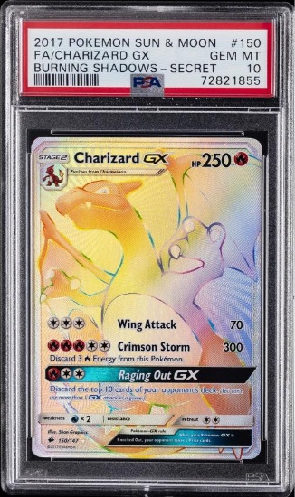 2017 POKEMON SUN & MOON BURNING SHADOWS SECRET #150 FULL ART/CHARIZARD GX PSA 10