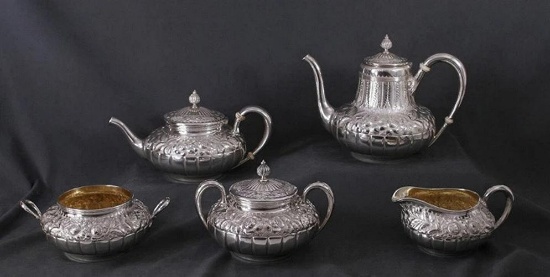 Antique 5pc Gorham Sterling Repousse Tea Set 1887