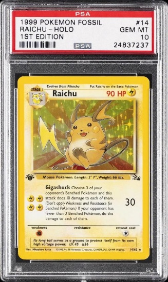 1999 POKEMON FOSSIL 1ST ED #14 RAICHU-HOLO PSA 10