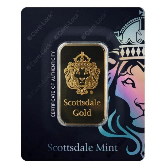 1 oz .9999 Gold Bar by Scottsdale Mint in Certi-LOCK COA #A389