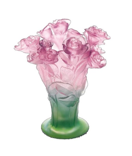 DAUM CRYSTAL ROSES VASE GREEN  PINK MEDIUM89 Height x 71