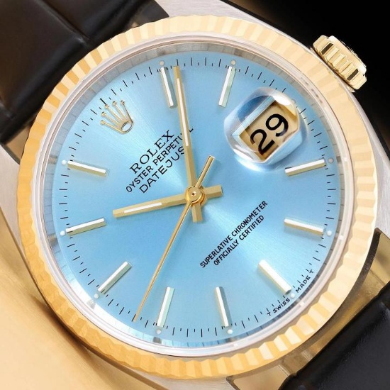 ROLEX MENS DATEJUST 16233 ICE BLUE 18K GOLD STEEL WATCH w BLACK LEATHER BAND