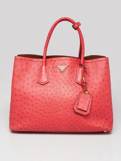 Prada Red Ostrich Leather Double Handle Tote Bag