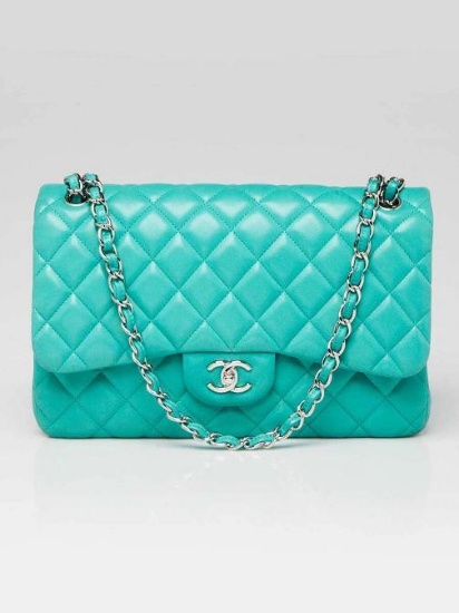 Chanel Green Quilted Lambskin Leather Classic Jumbo Double Flap Bag