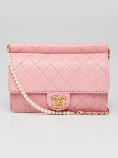 Chanel Pink Quilted Lambskin Leather Pearl Chain Flap Bag