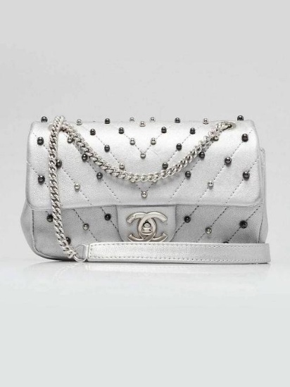 Chanel Silver Chevron Quilted Leather Studded Rectangular Mini Flap Bag
