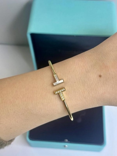 Tiffany&Co. T Wire Diamond 0.11ct Bangle Bracelet In 18K Yellow Gold