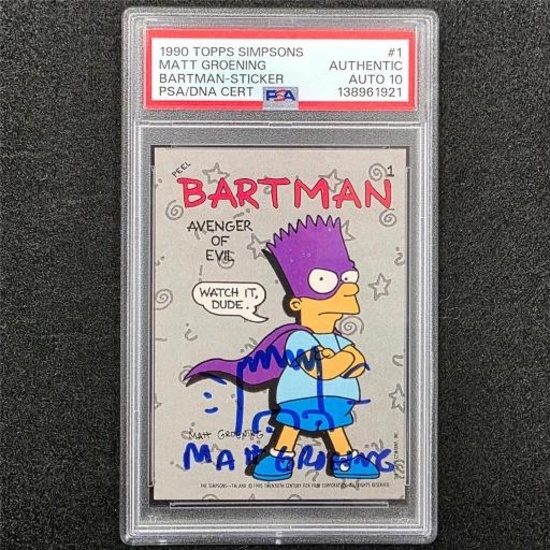 Matt Groening signed 1990 Topps Simpsons Bartman Bart Sticker Card 1 PSA 10 Auto