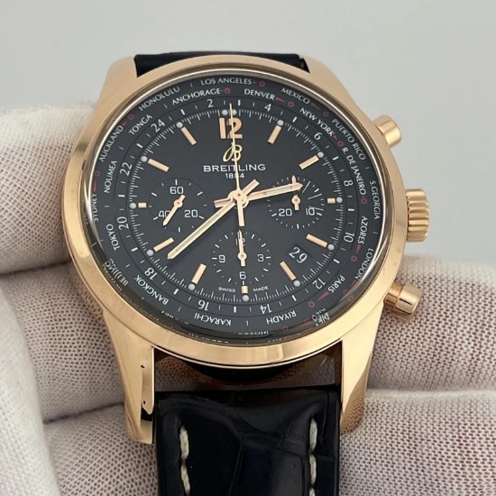 Breitling Transocean Chronograph Unitime RB0510 46mm Black Dial Rose Gold