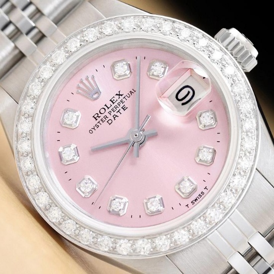 LADIES ROLEX DATE 6917 PINK DIAMOND DIAL 18K WHITE GOLD STAINLESS STEEL WATCH