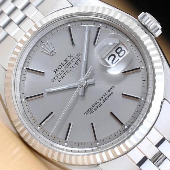 ROLEX DATEJUST 1601 18K GOLD STEEL GRAY DIAL WATCH w/ ROLEX FOLDED BRACELET