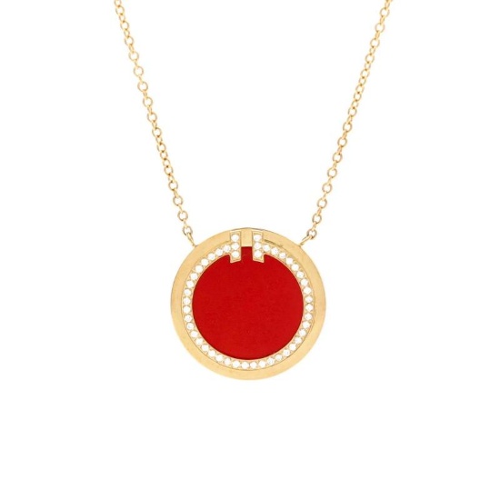 Tiffany & Co. T Circle Pendant Necklace 18K Yellow Gold with Carnelian