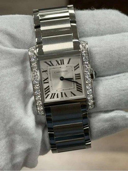 Cartier Tank Francaise W4TA0021 SS White Roman Dial Quartz Men's Watch 28mm