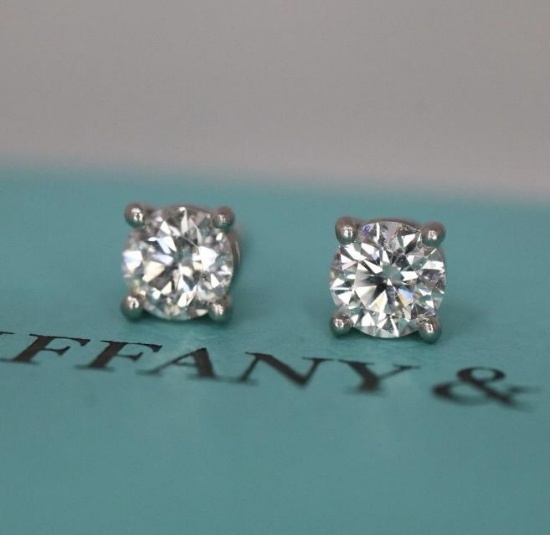 Tiffany & Co Platinum Round Brilliant Cut Diamond Stud Earrings .60ct VVS1