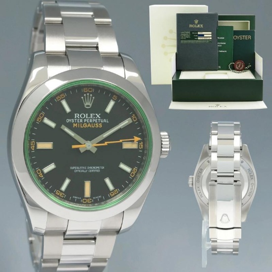MINT PAPERS Rolex Milgauss Green Anniversary Orange Black 116400GV Steel Watch