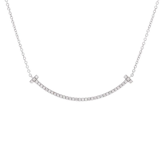 Tiffany & Co. T Smile Pendant Necklace 18K White Gold with Diamonds Small