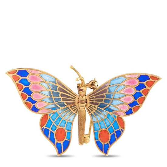 18K Rose Gold Plique--Jour Butterly Brooch
