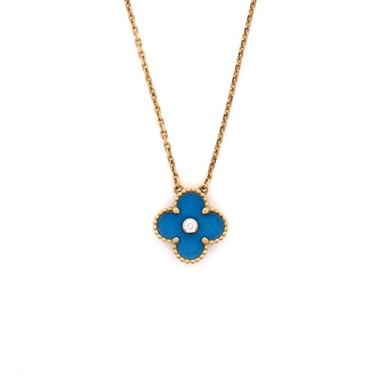 Van Cleef & Arpels Vintage Alhambra Pendant Necklace 18K Yellow Gold and Blue