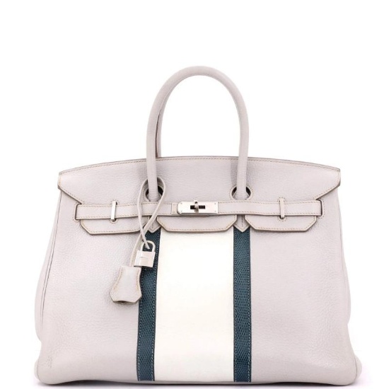 Hermes Club Birkin Bag Grey Clemence and Lizard with Palladium Hardware 35