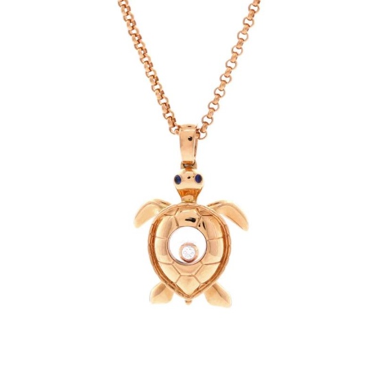 Chopard Happy Turtle Pendant Necklace 18K Rose Gold with Blue Sapphires and 1