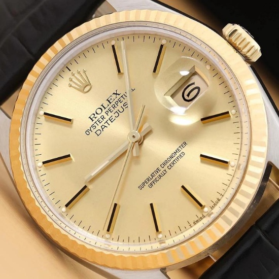 ROLEX MENS DATEJUST 16013 18K YELLOW GOLD STEEL CHAMPAGNE BLACK LEATHER WATCH