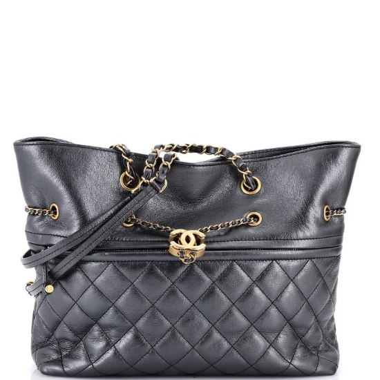 Chanel Front Zip CC Drawstring Chain Tote Quilted Calfskin Medium