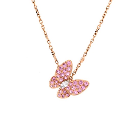 Van Cleef & Arpels Two Butterfly Pendant Necklace 18K Rose Gold with Pink