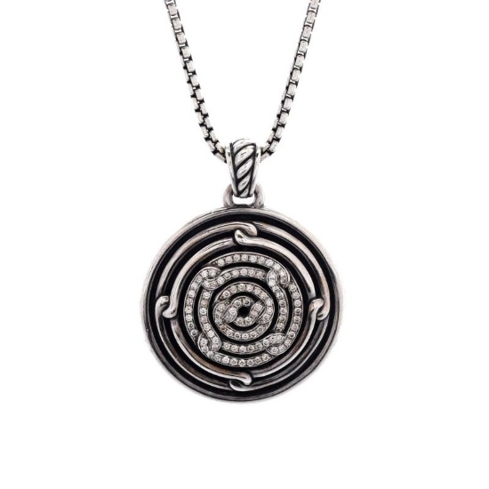 David Yurman Labyrinth Disc Pendant Necklace Sterling Silver with Diamonds