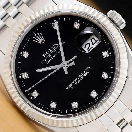 ROLEX MENS DATEJUST 16234 BLACK FACTORY DIAMOND DIAL 18K WHITE GOLD STEEL WATCH