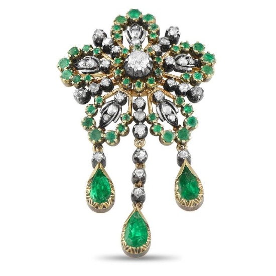 Antique 18K Rose Gold and Silver 1.50ct Diamond and Emerald Brooch