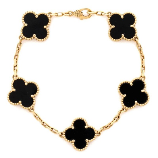 Van Cleef & Arpels Vintage Alhambra 5 Motifs Bracelet 18K Yellow Gold and Onyx