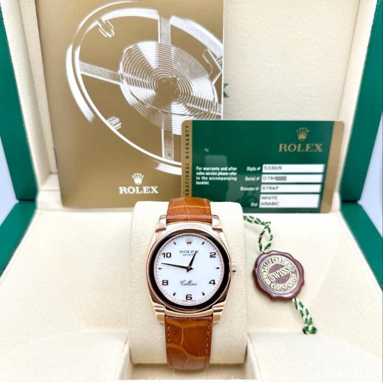 Rolex Cellini Cestello 5330/5 36mm White Arabic Dial 18k Rose Gold Box Paper