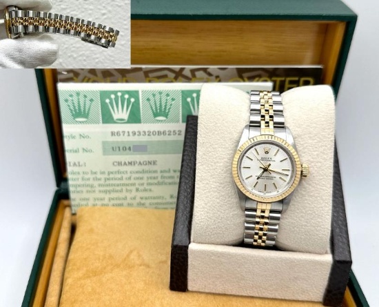 Rolex Ladies Oyster Perpetual 67193 Silver Dial 18k Yellow Gold Steel Box Paper