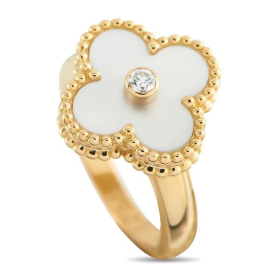 Van Cleef & Arpels Alhambra 18K Yellow Gold Diamond and Mother of Pearl Ring VC