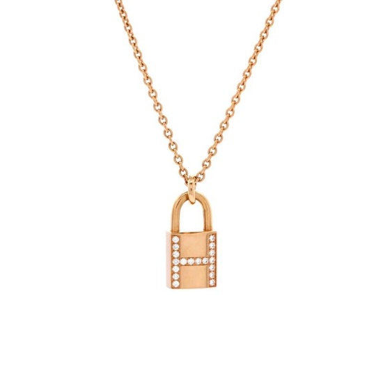 Hermes Amulettes Cadenas Pendant Necklace 18K Rose Gold with Diamonds