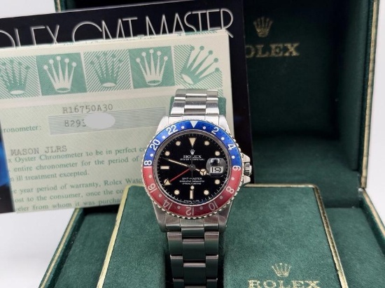 Rolex GMT Master Pepsi 16750 40mm Patina Dial Red Blue Bezel Steel Box Paper