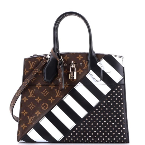 Louis Vuitton City Steamer Handbag Studded Leather and Monogram Canvas MM