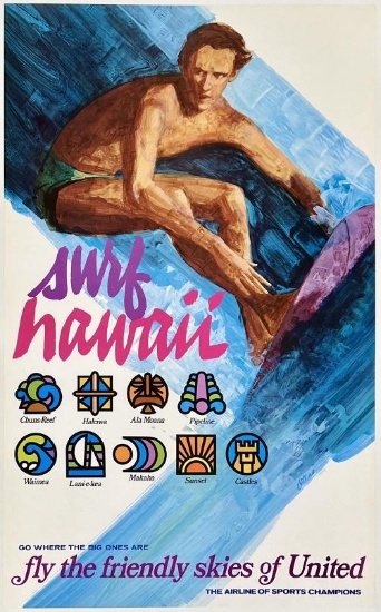 Original Vintage Poster SURF HAWAII UNITED AIRLINES Airline UAL Travel LINEN