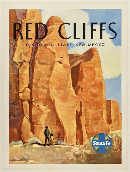 Original Vintage Poster SANTA FE RAILROAD RED CLIFFS Rail Travel Tourism LINEN