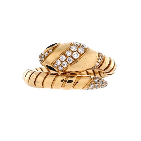 Bvlgari Serpenti Tubogas One-Coil Ring 18K Yellow Gold with Onyx and Semi Pave