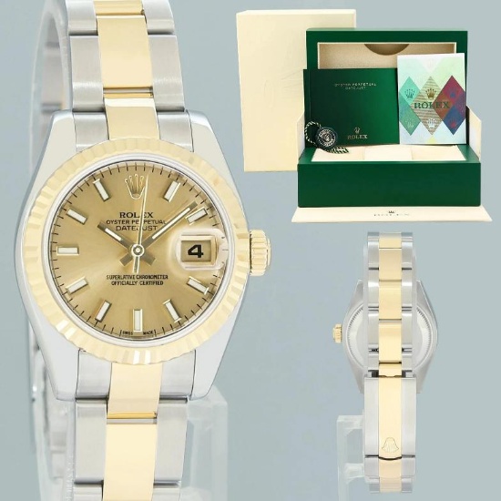 MINT PAPERS Ladies Rolex DateJust 179173 Champagne Stick 26mm Two-Tone Oyster