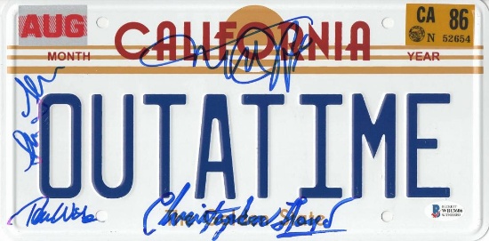 MICHAEL J FOX LLOYD THOMPSON WILSON OUTATIME BTTF SIGNED LICENSE PLATE BAS