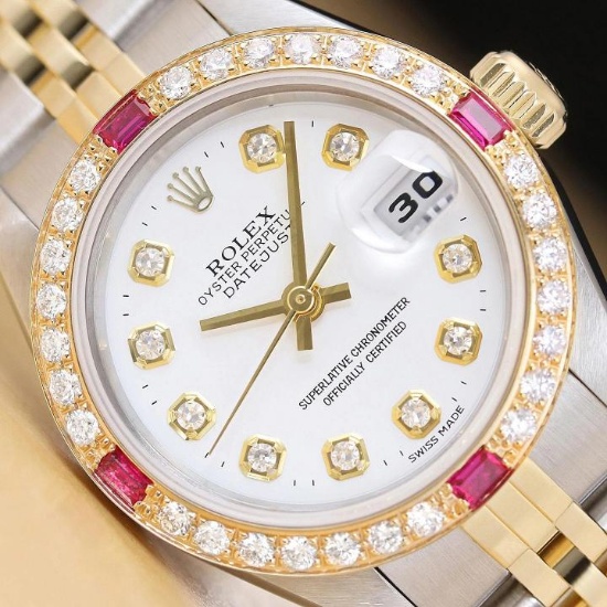 ROLEX LADIES DATEJUST 79173 WHITE DIAL 18K GOLD STEEL 2-TONE DIAMOND RUBY WATCH