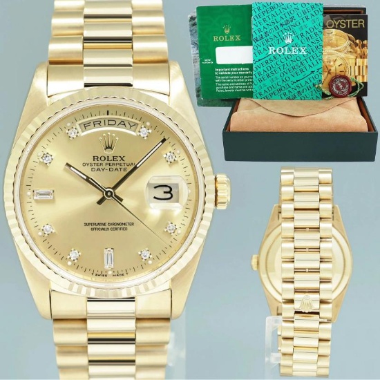 MINT Rolex President Day Date 36mm Diamond 18238 Double Quick Yellow Gold Watch
